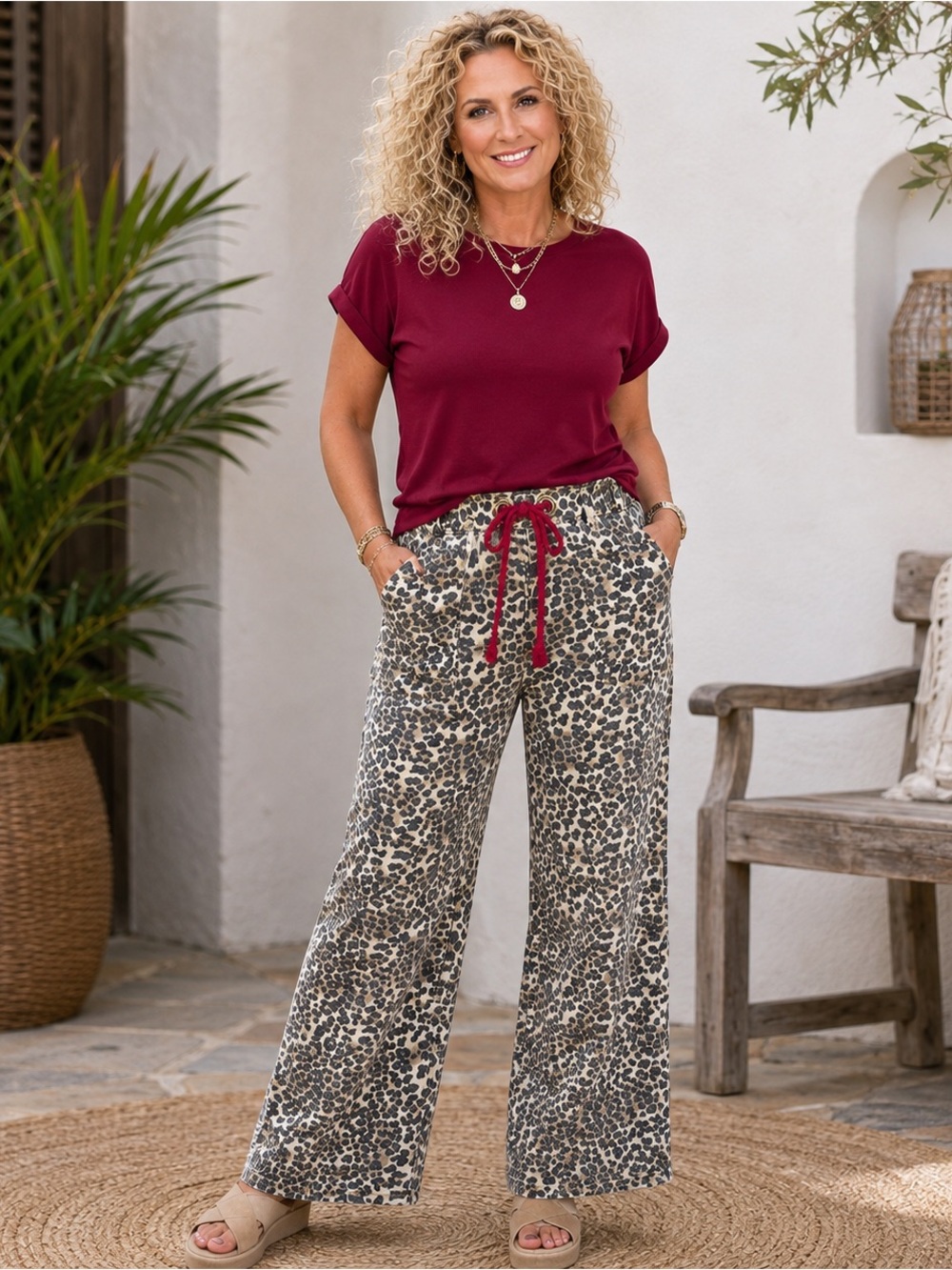BiBi Leopard-Print Button Shirt with Red Drawstring